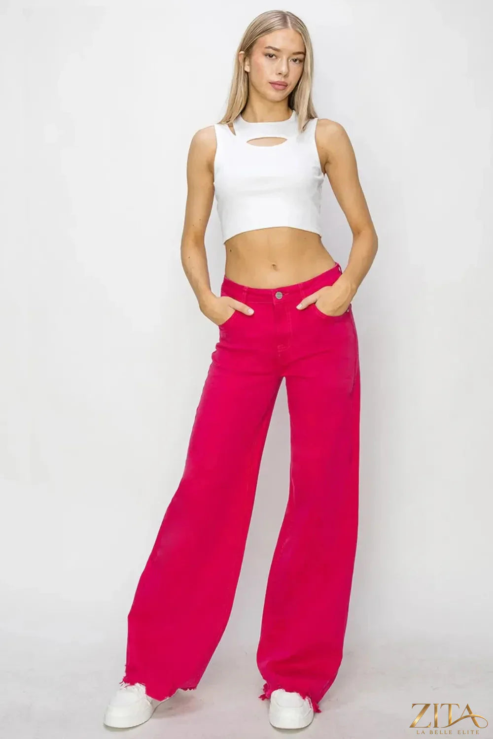 Zita La Belle Elite RISEN high rise wide leg jeans in denim, showing the relaxed fit and classic five-pocket design.