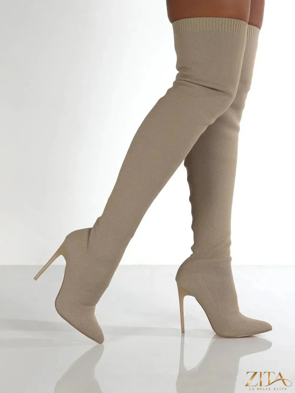 Point toe over knee stiletto boots by Zita La Belle Elite, featuring sleek design and high heel silhouette.