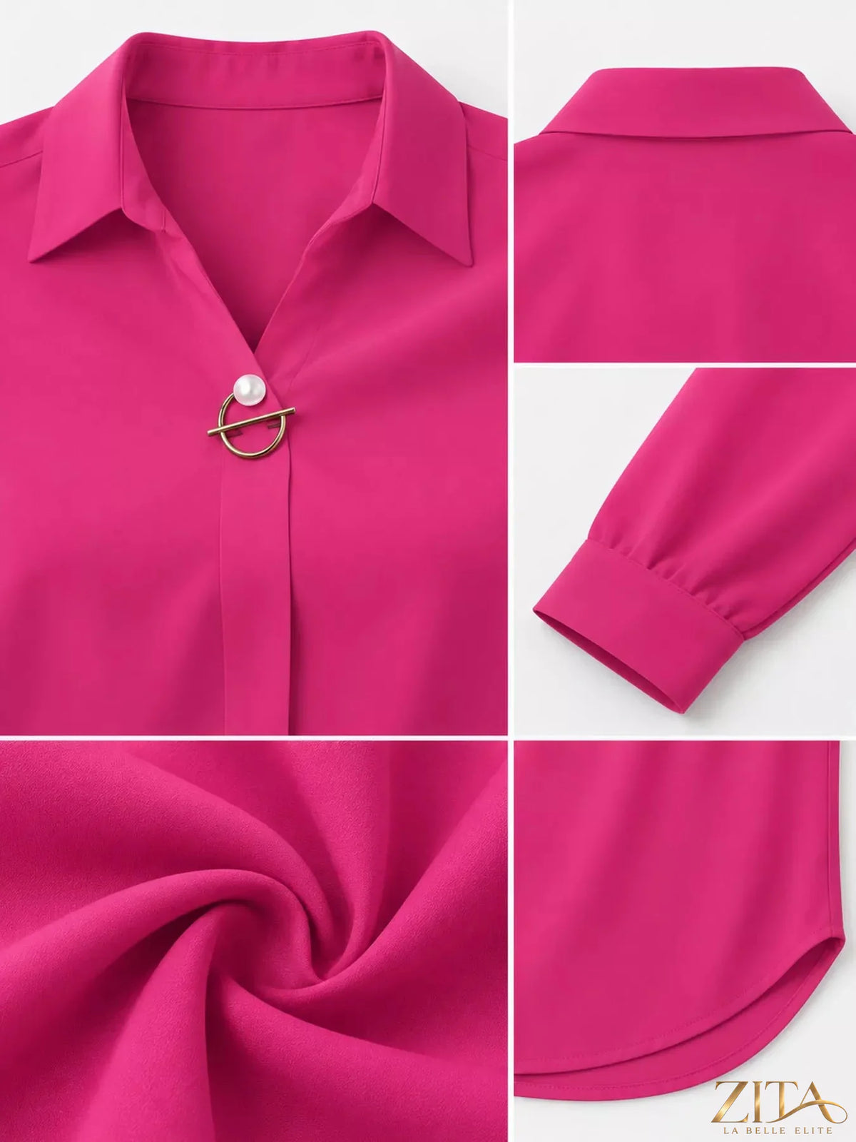 Zita La Belle Elite long sleeve satin blouse in elegant black, featuring a smooth, shiny fabric and classic collar design.