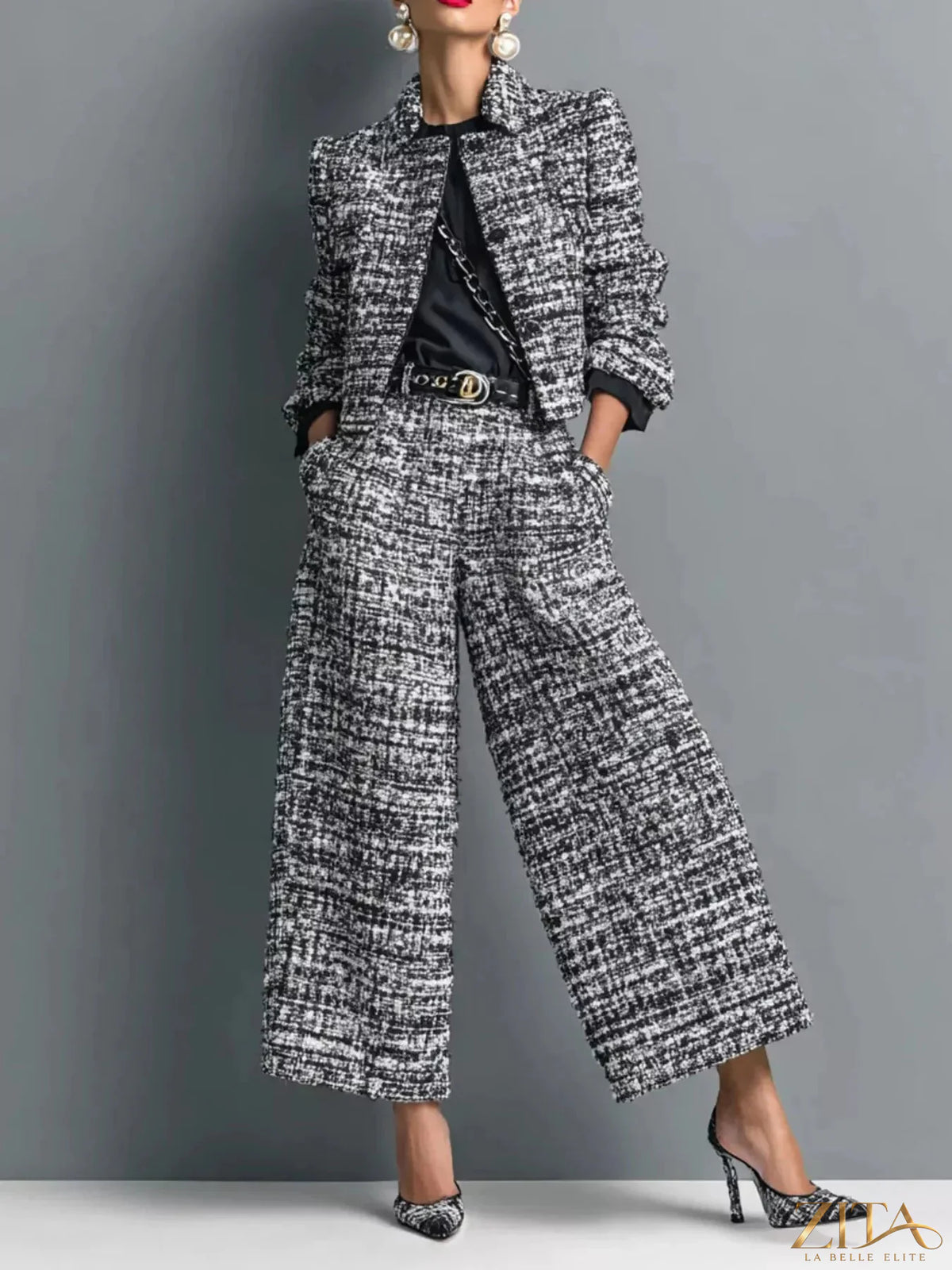 Zita La Belle Elite tweed cropped jacket and wide-leg pants two-piece set, with textured fabric and tailored fit.