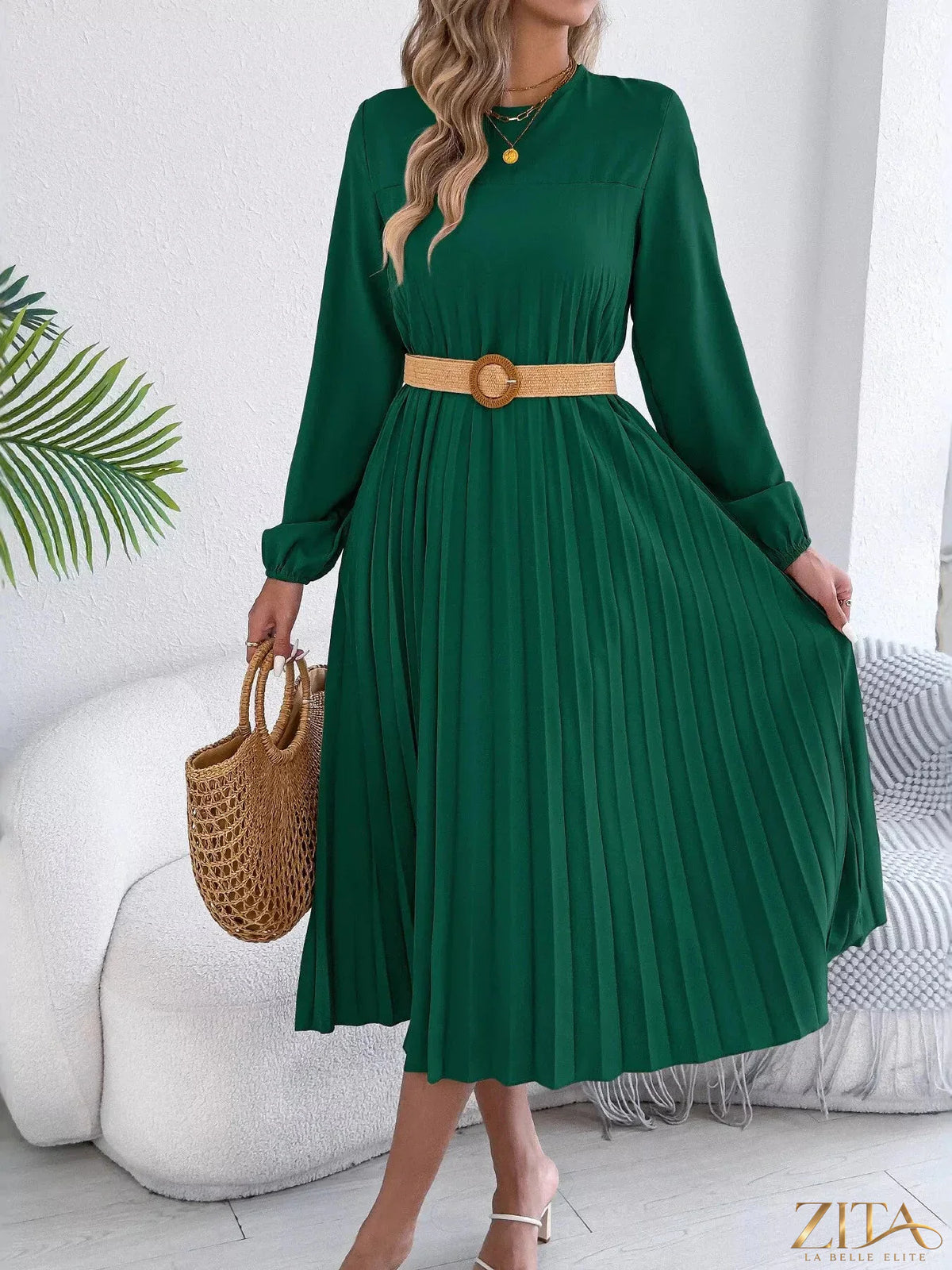 Zita La Belle Elite pleated A-line midi dress with a fitted waist and flowing skirt, stylish and elegant for casual or formal wear.