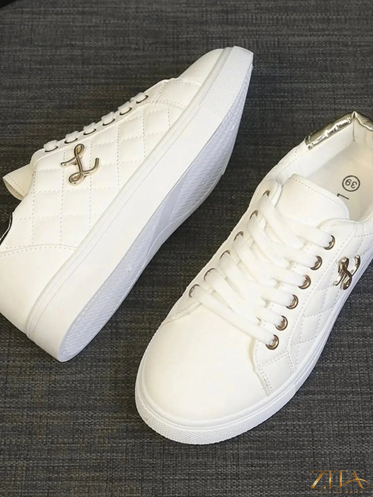 Zita La Belle Elite quilted platform sneakers with metallic gold accents, showcasing sleek design and comfortable style.