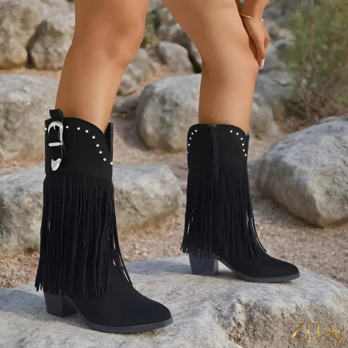 Zita La Belle Elite fringe round toe block heel boots showing beige suede material and stylish ankle-length design.