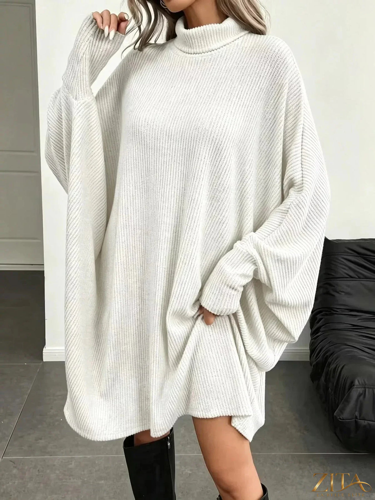 Zita La Belle Elite oversized batwing sleeve ribbed knit turtleneck dress, black, relaxed fit with textured fabric and high collar.