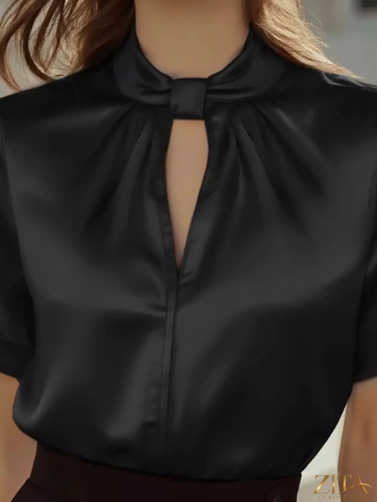 Zita La Belle Elite satin keyhole short sleeve blouse in elegant fabric with a stylish keyhole neckline.