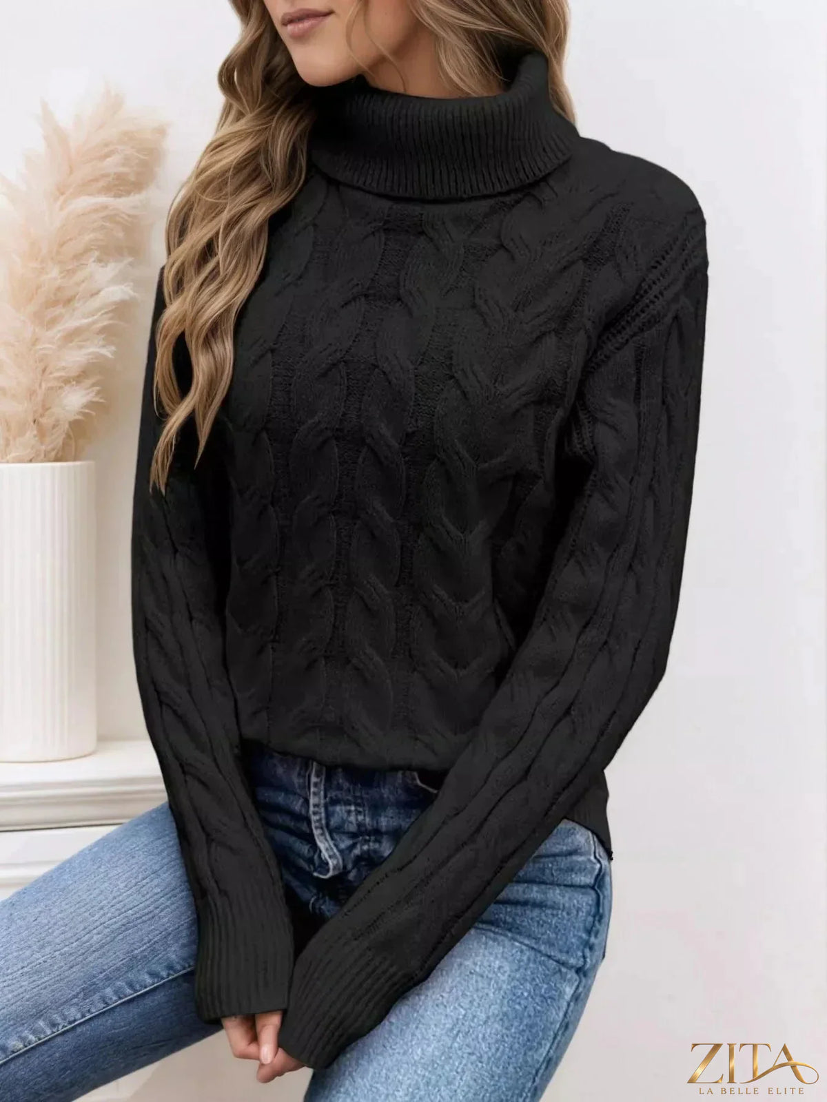 Zita La Belle Elite cable-knit turtleneck sweater in cozy, textured knit with a high collar, stylish and warm for cold weather.