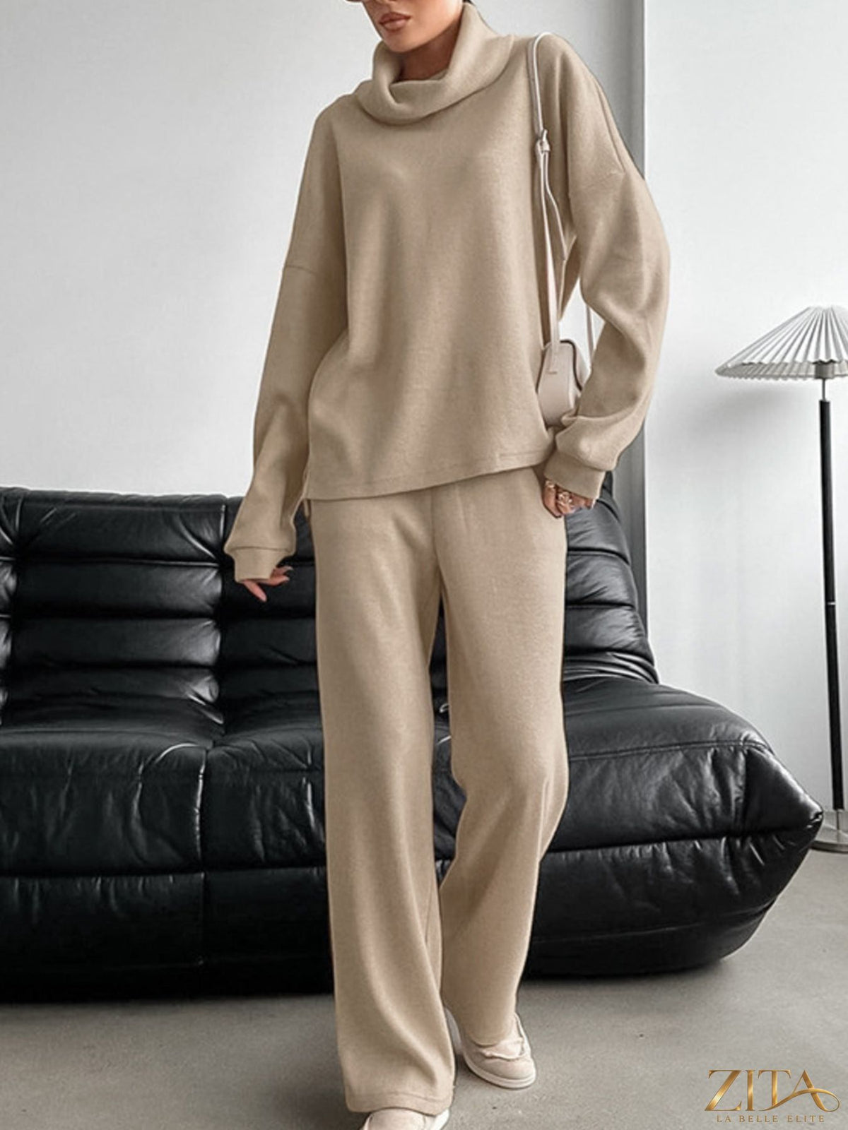 Trendsi turtleneck long sleeve top and matching pants set in cozy knit fabric, in a neutral color, displayed on a mannequin.