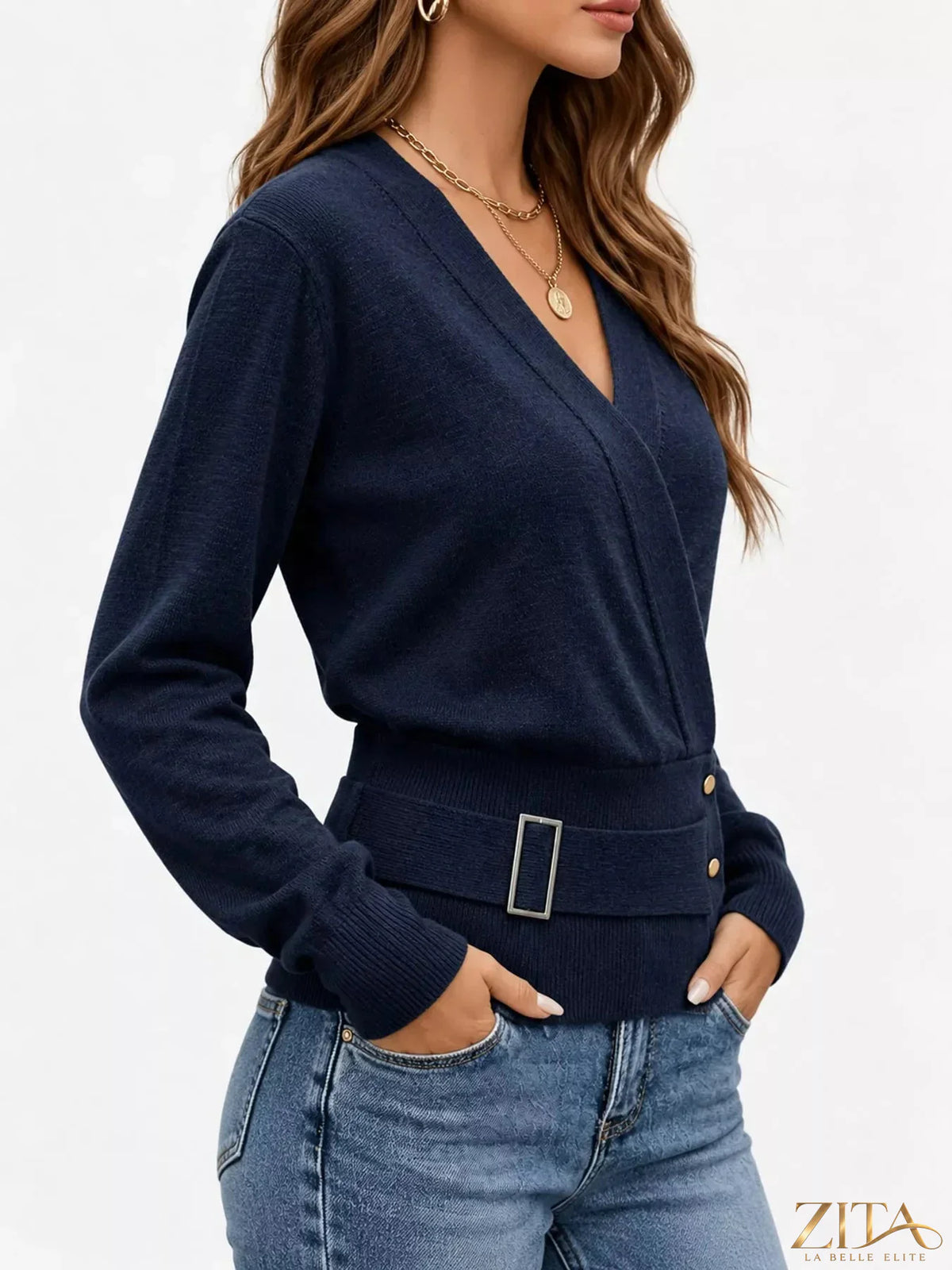 Zita La Belle Elite long sleeve knit top with surplice neckline and elastic waist, in a stylish, fitted design.