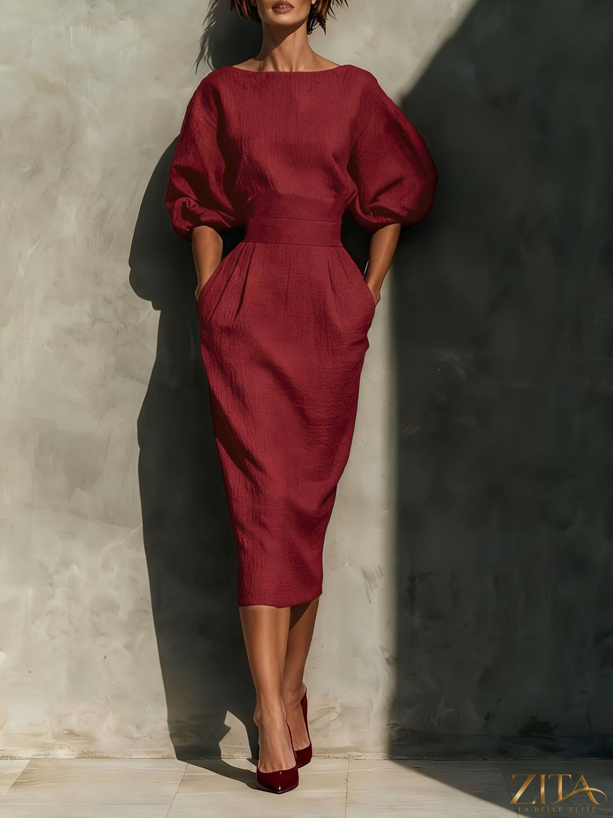 Zita La Belle Elite round neck midi dress with puff sleeves, stylish and elegant, shown in a flattering midi length design.