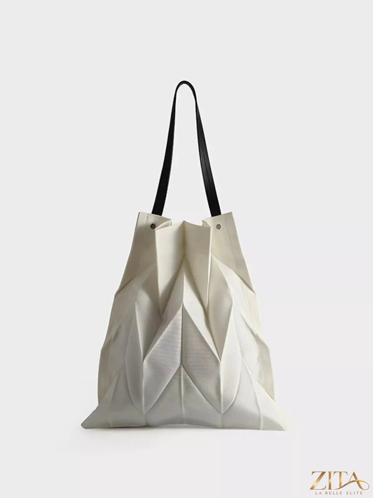 Minimalist geometric pleated tote handbag by Zita La Belle Elite with structured design and sleek handles.