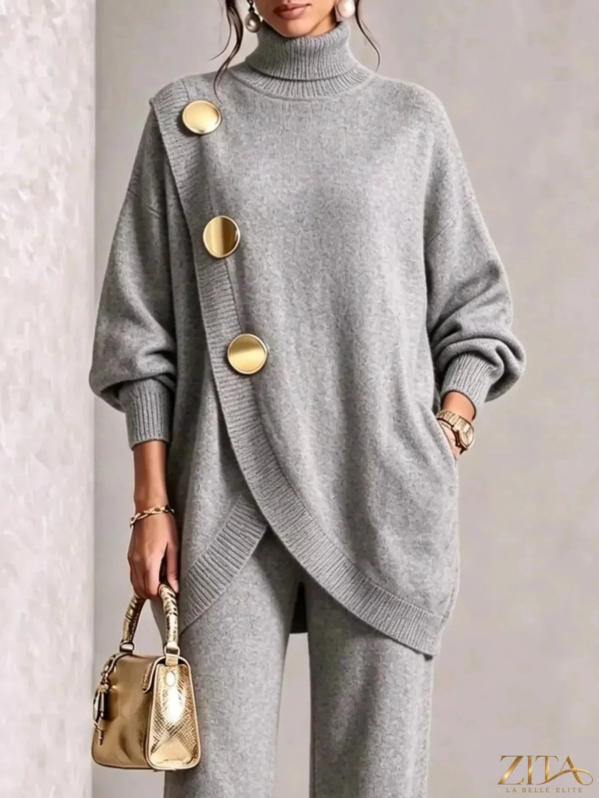 Gold button accent turtleneck sweater and matching pants set by Trendsi, featuring a stylish gold button detail on the sweater.