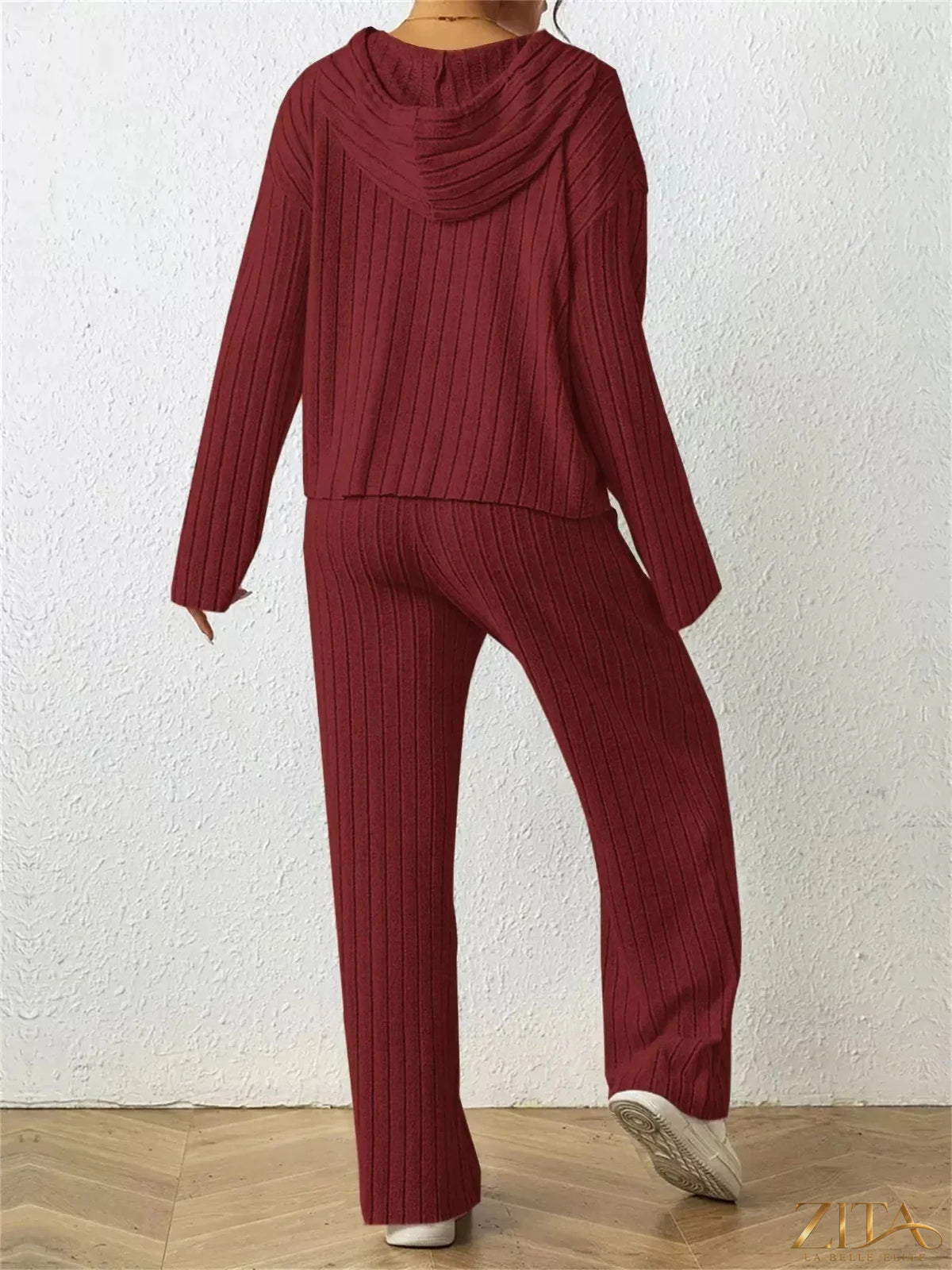 Zita La Belle Elite ribbed drawstring hoodie and matching pants set in soft fabric, shown in a comfortable, casual style.