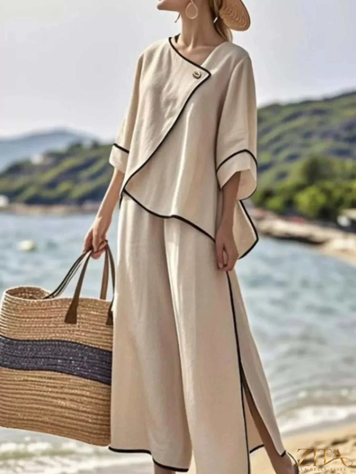 Plus size Zita La Belle Elite contrast trim top and wide-leg pants set, featuring a stylish coordinated outfit with bold trim details.