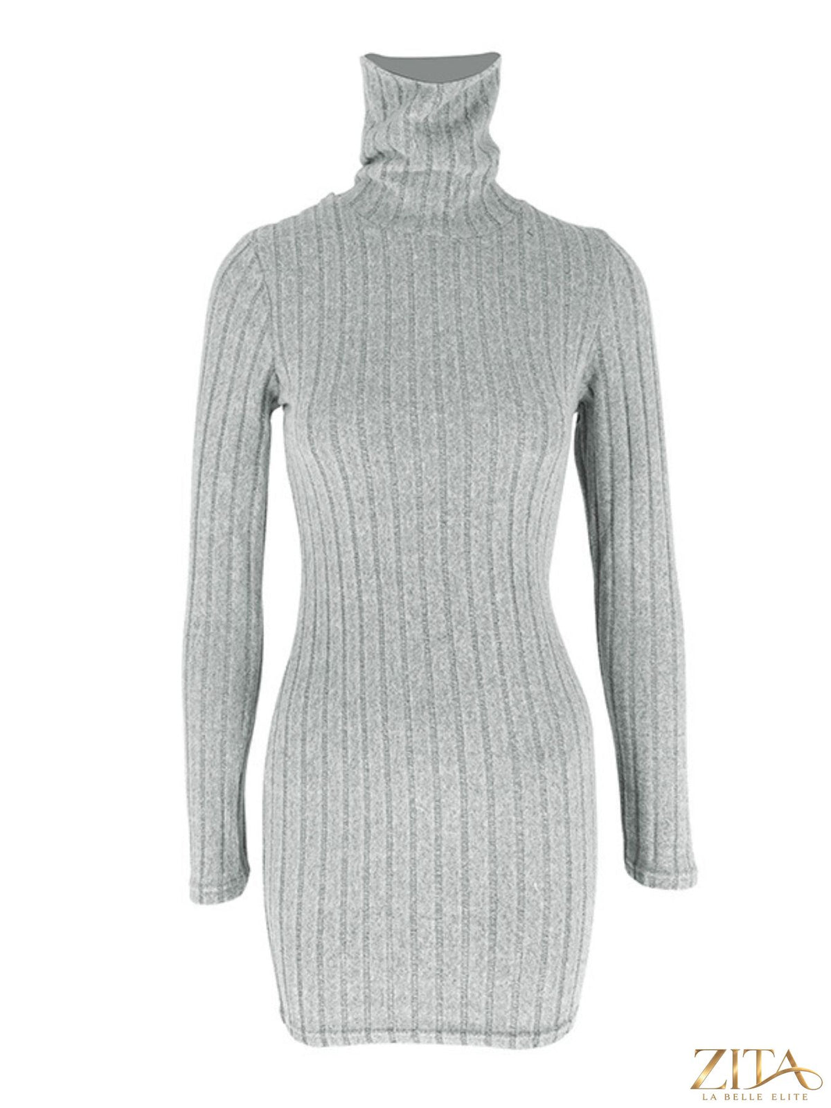 Ribbed turtleneck bodycon mini dress from Trendsi, shown in black, fitted design highlighting the stretch fabric and sleek silhouette.