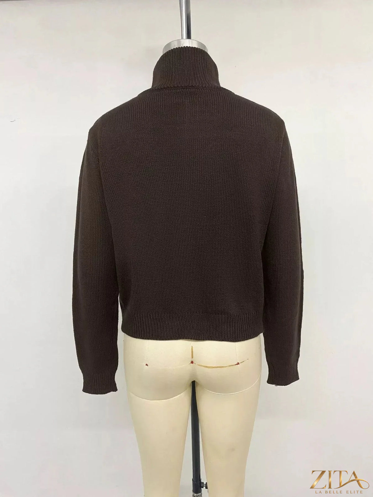 Zita La Belle Elite horse zip-up mock neck cardigan, navy blue with front zipper and ribbed cuffs, styled for casual wear.