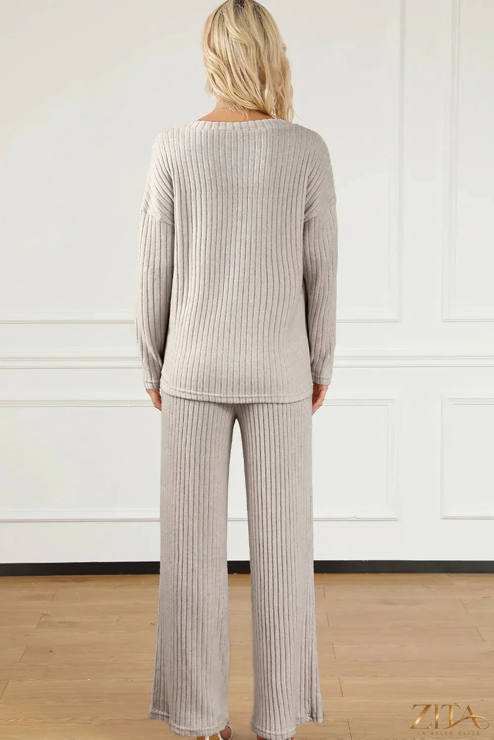 Zita La Belle Elite ribbed V-neck top and matching lounge pants set in soft fabric, ideal for casual and relaxed wear.