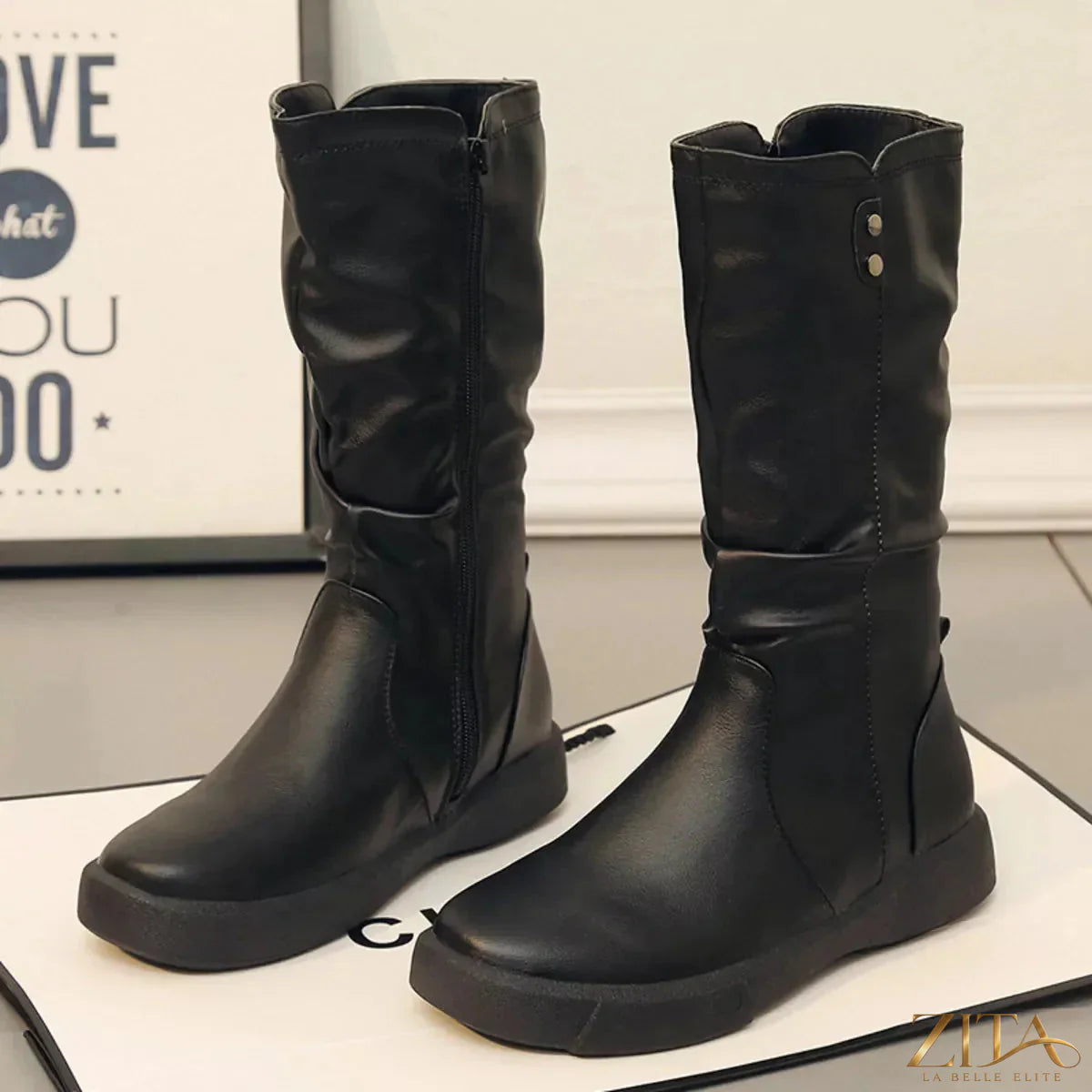 Zita La Belle Elite round toe platform boots with chunky heels and stylish design, shown in black leather with smooth finish.