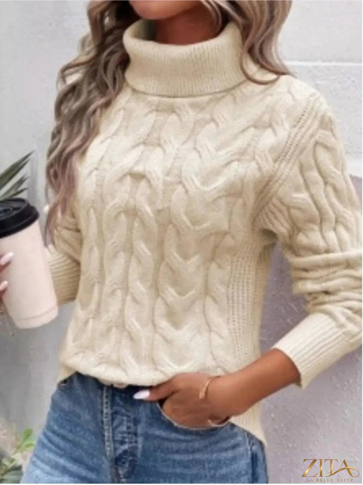 Zita La Belle Elite cable-knit turtleneck sweater in cozy wool with ribbed cuffs and classic design, front view.