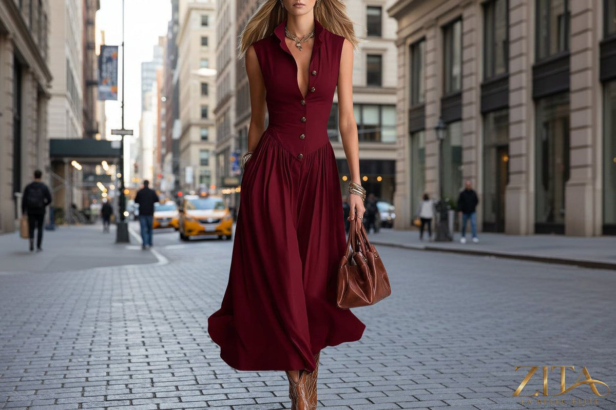 Women's sleeveless maxi dress with lapel collar and patchwork design by Zita La Belle Elite, casual slim fit casualwear.
