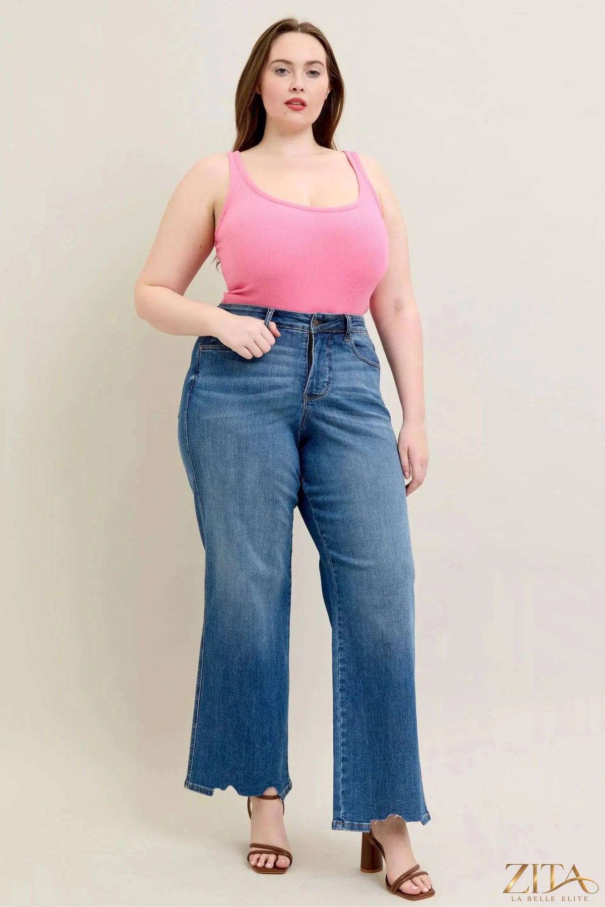 Zita La Belle Elite Judy Blue distressed wide jeans with tummy control, showcasing the fit and stylish distressed details.