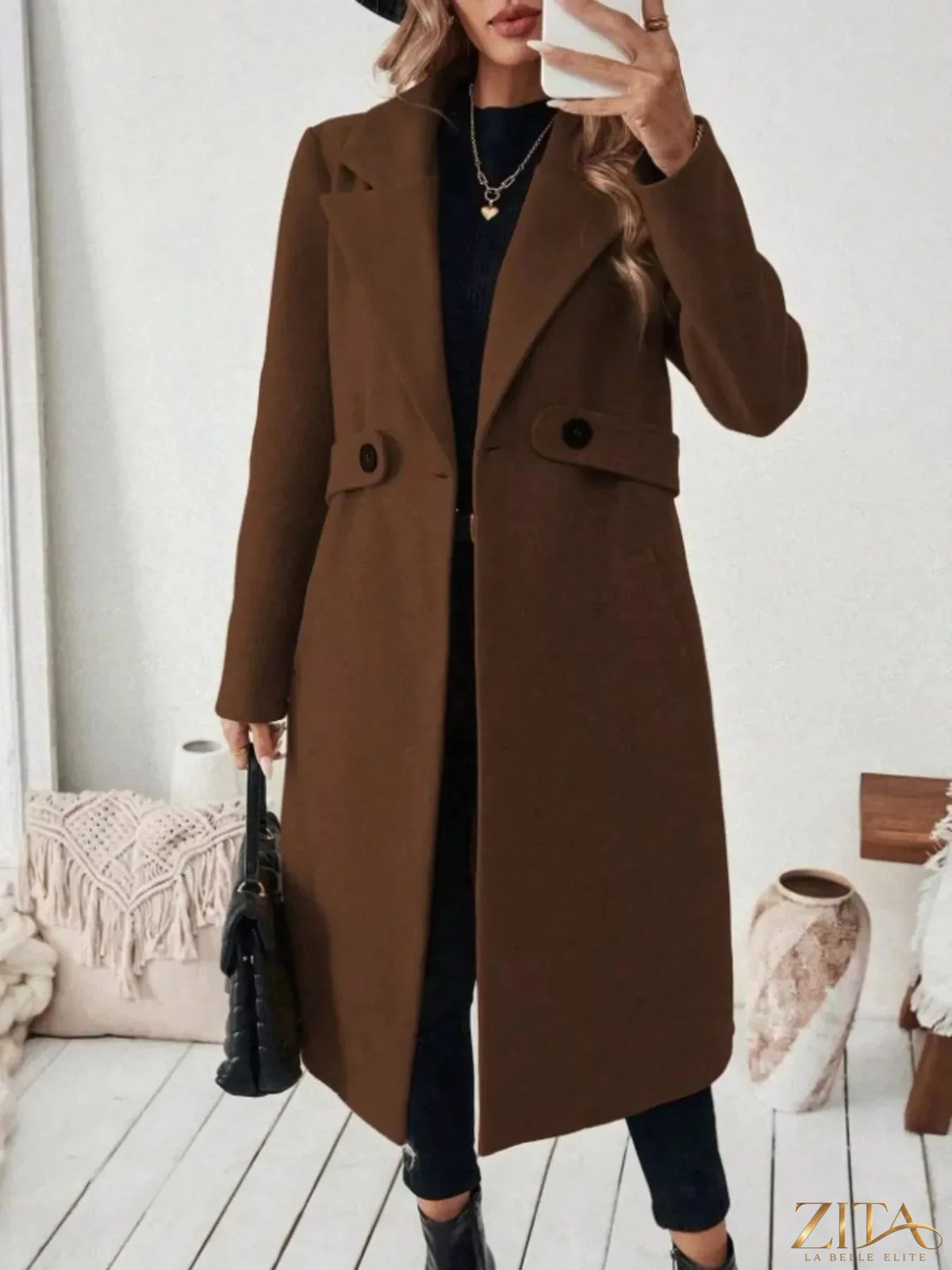 Full size Zita La Belle Elite belted coat with lapel collar and pockets, stylish and elegant plus size outerwear.