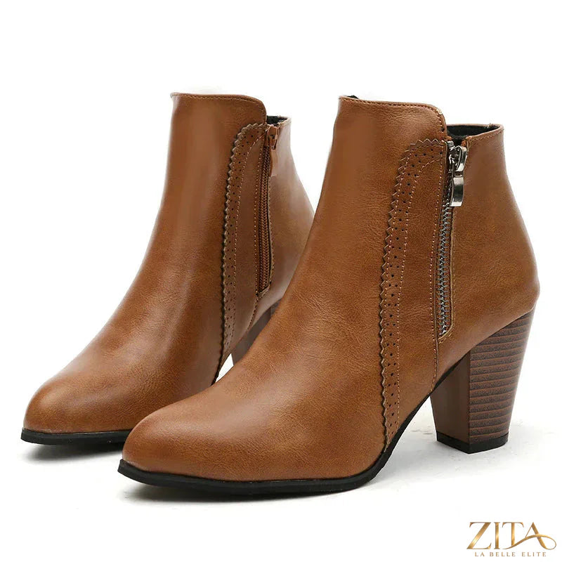 Zita La Belle Elite PU leather block heel boots with pointed toe and ankle height, stylish and comfortable for everyday wear.