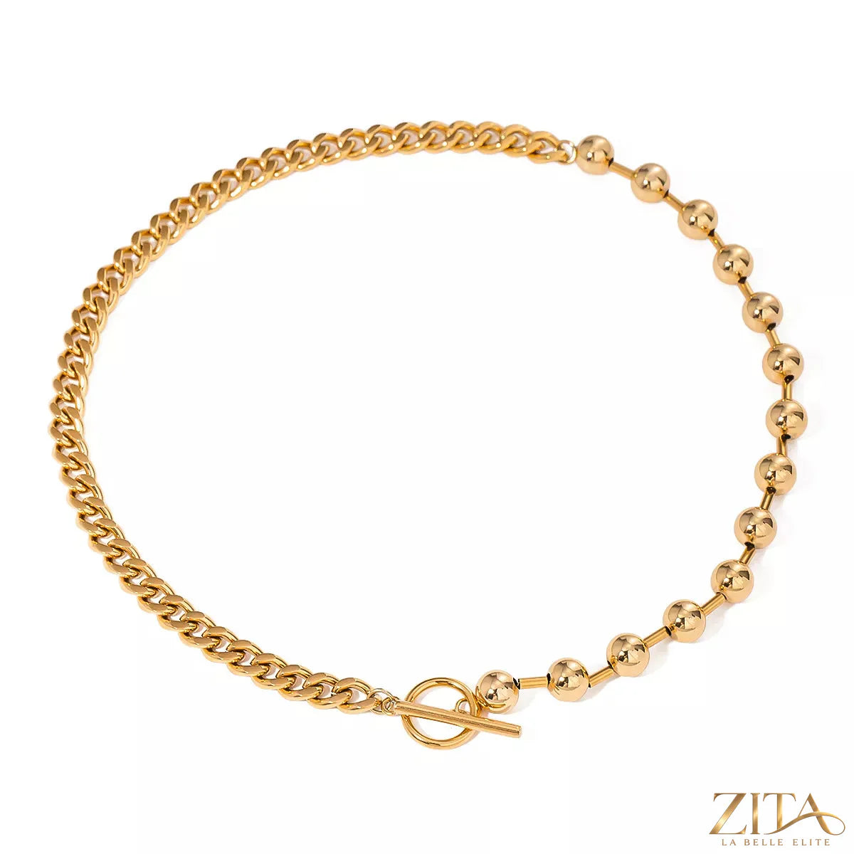 18K gold-plated toggle clasp necklace by Zita La Belle Elite with a sleek, shiny closure and delicate chain design.