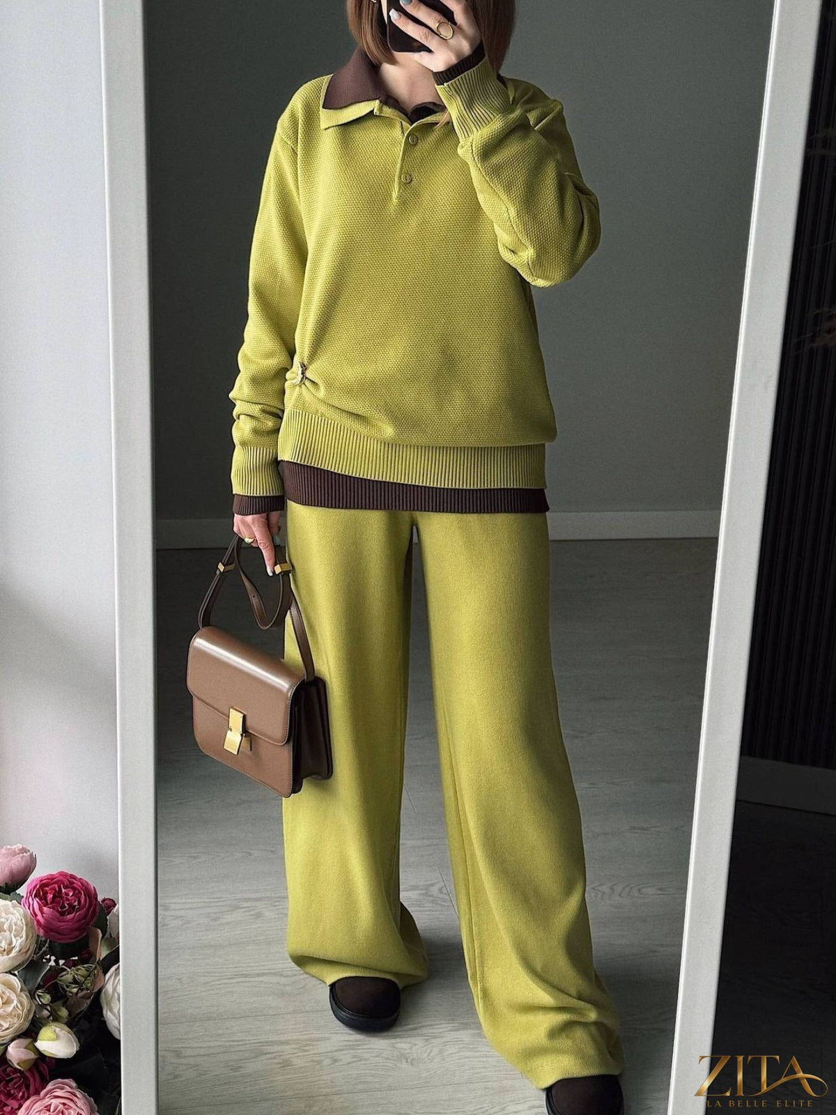 Zita La Belle Elite knit set with polo collar top and matching pants or skirt, featuring a stylish, coordinated look.