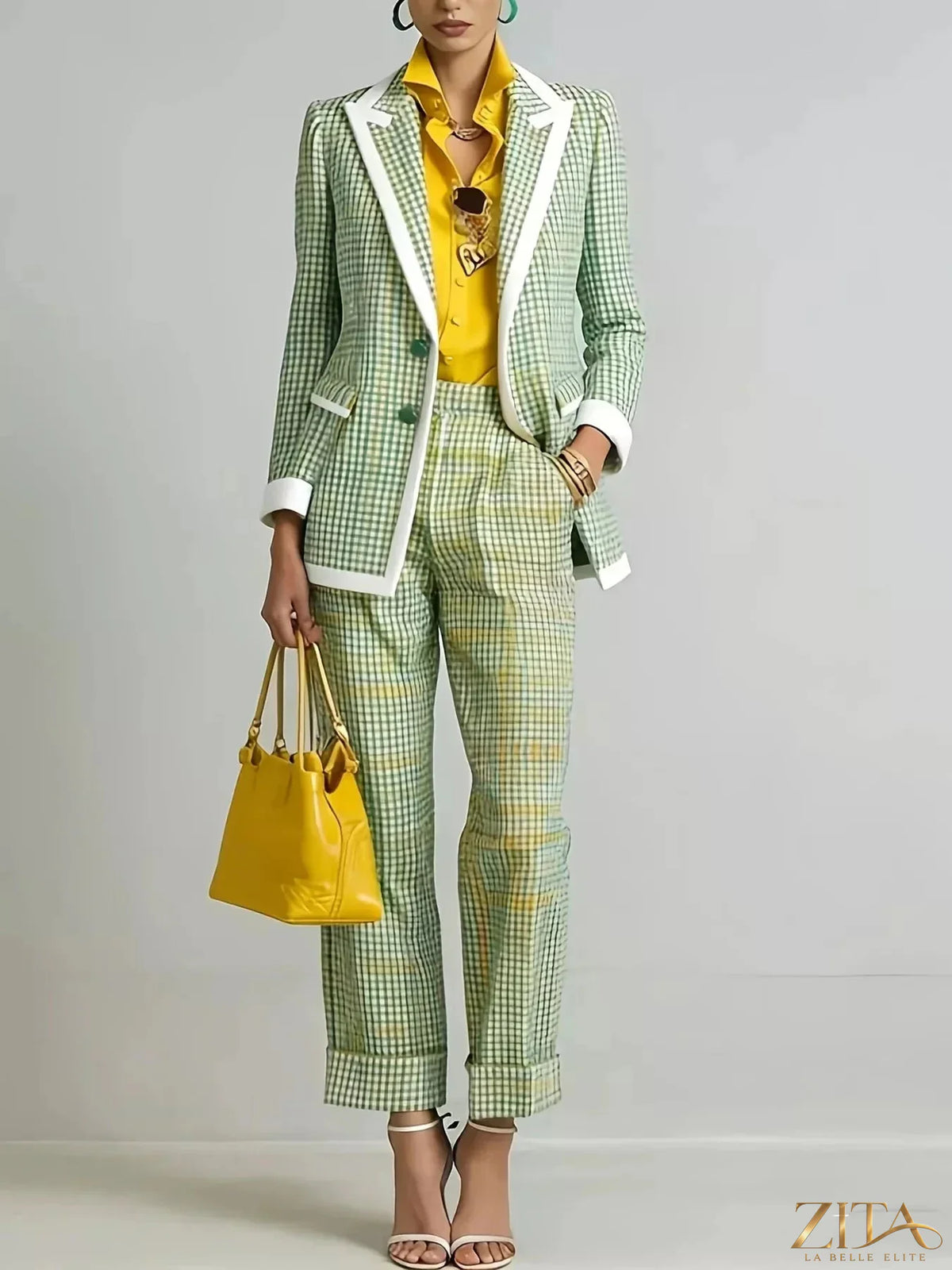 Zita La Belle Elite plaid blazer and pants suit set shown on a hanger, featuring a tailored fit and classic pattern.