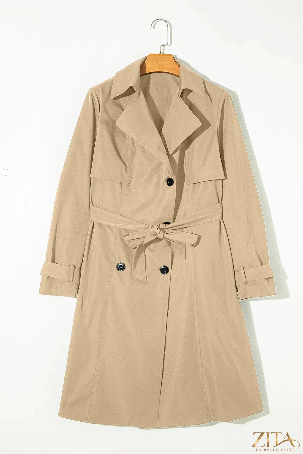 Zita La Belle Elite long trench coat with collar, buttoned waist, and long sleeves, featuring a stylish and elegant design.
