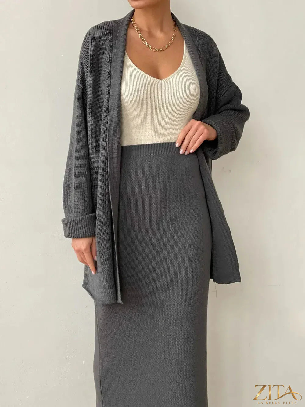 Zita La Belle Elite pocketed long sleeve cardigan and matching skirt sweater set, soft knit fabric, casual and stylish ensemble.