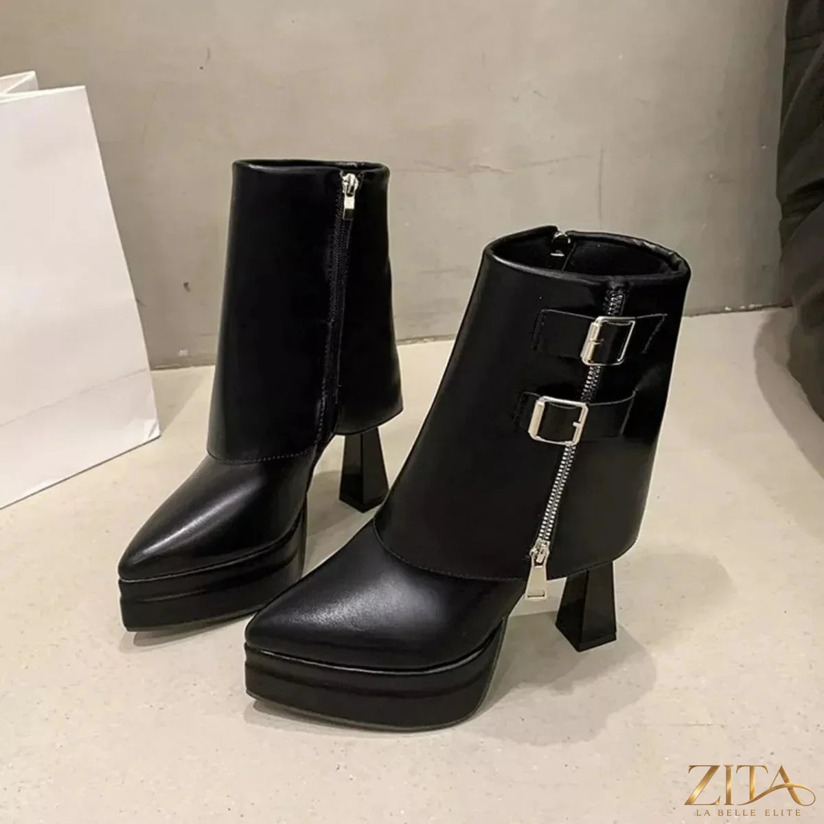 Zita La Belle Elite point toe high heel boots in sleek black leather with stiletto heels and elegant design.