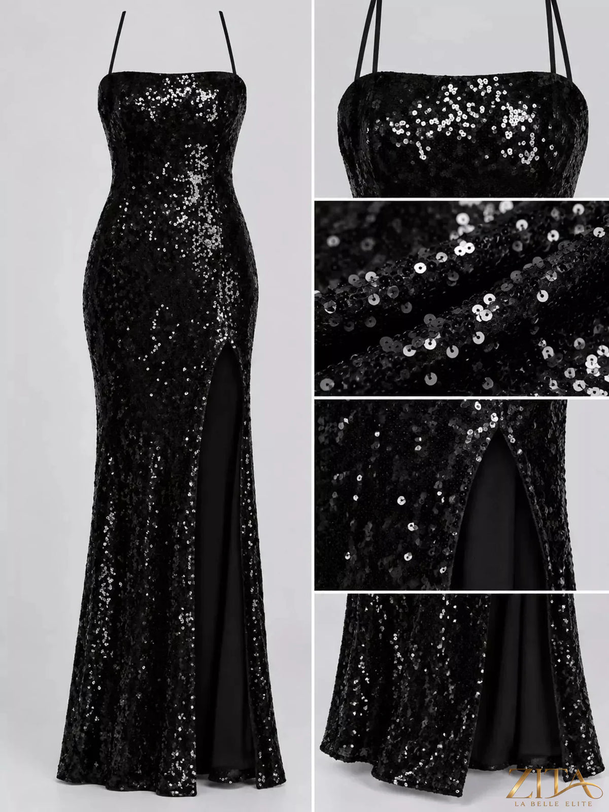 Sequin embellished black backless bodycon evening dress with lace-up back from Zita La Belle Elite, elegant and form-fitting.