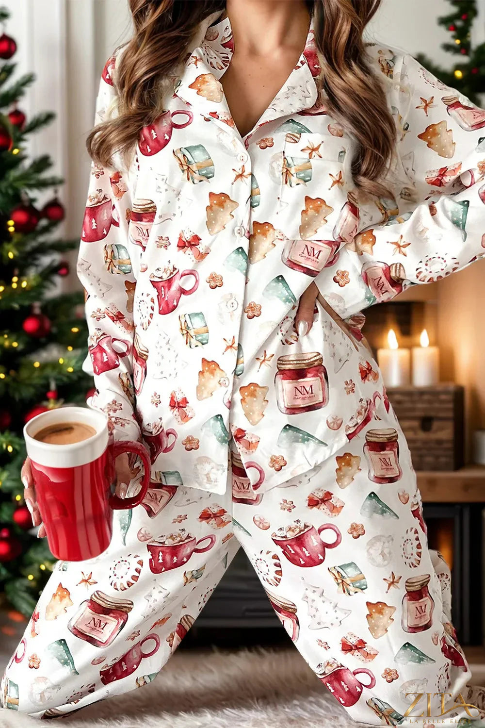 Printed collared neck top and pants lounge set by Zita La Belle Elite, featuring a comfortable two-piece design.