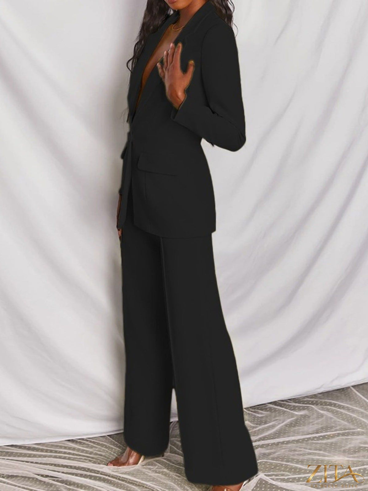 Plus size Zita La Belle Elite blazer and wide-leg pants set featuring a single-button blazer and tailored trousers.