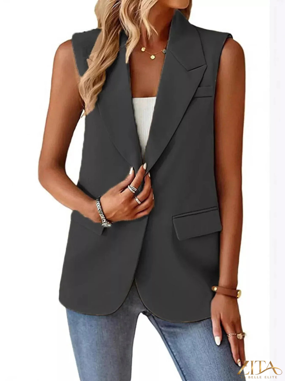Plus size Zita La Belle Elite vest coat with full size, one-button lapel collar, stylish and tailored for a flattering fit.