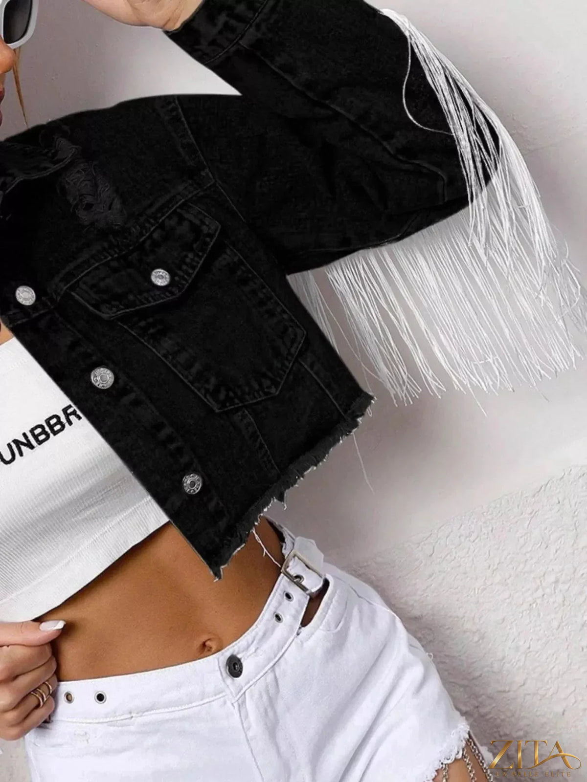Zita La Belle Elite fringe button-up cropped denim jacket with decorative fringe details and classic denim styling.