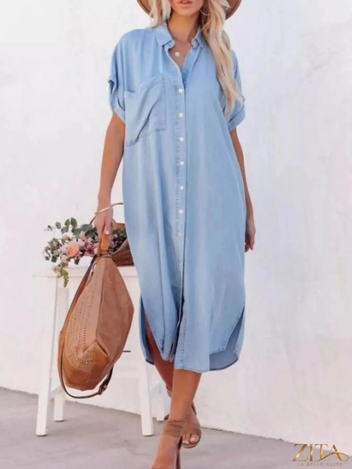Zita La Belle Elite casual shirt dress with side slits, lightweight fabric, long sleeves, and a relaxed fit for everyday wear.