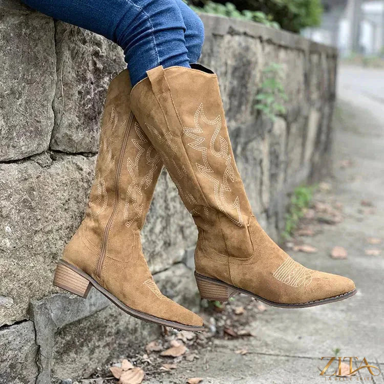 Zita La Belle Elite point toe block heel boots with sleek design, showcasing their stylish silhouette and sturdy chunky heels.