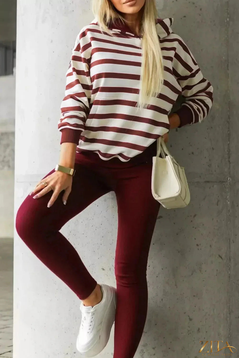 Zita La Belle Elite striped long sleeve hoodie and matching leggings set featuring colorful horizontal stripes and comfortable fit.