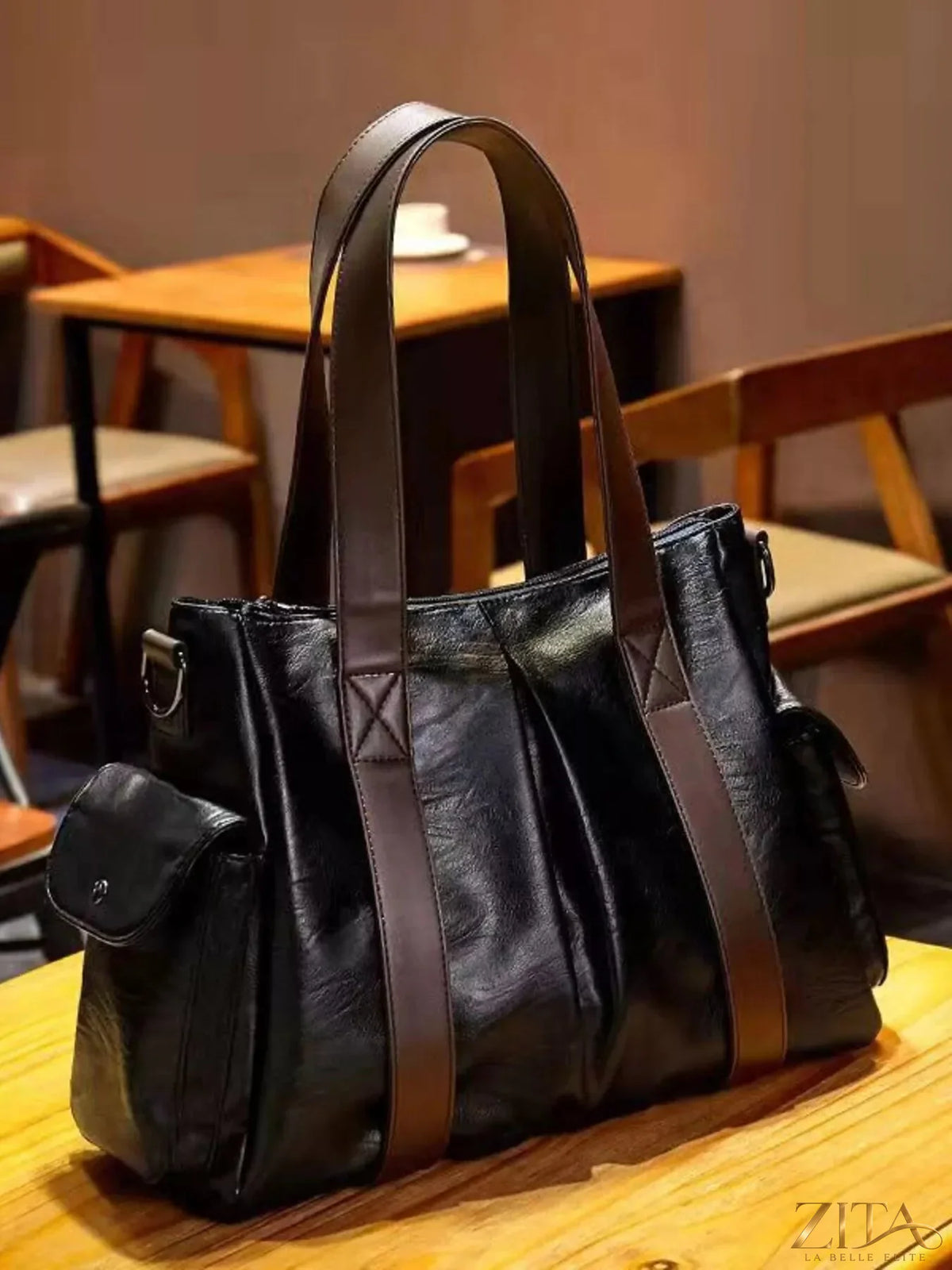Trendsi PU leather handbag with top handle and gold-tone hardware, stylish and spacious for everyday use.