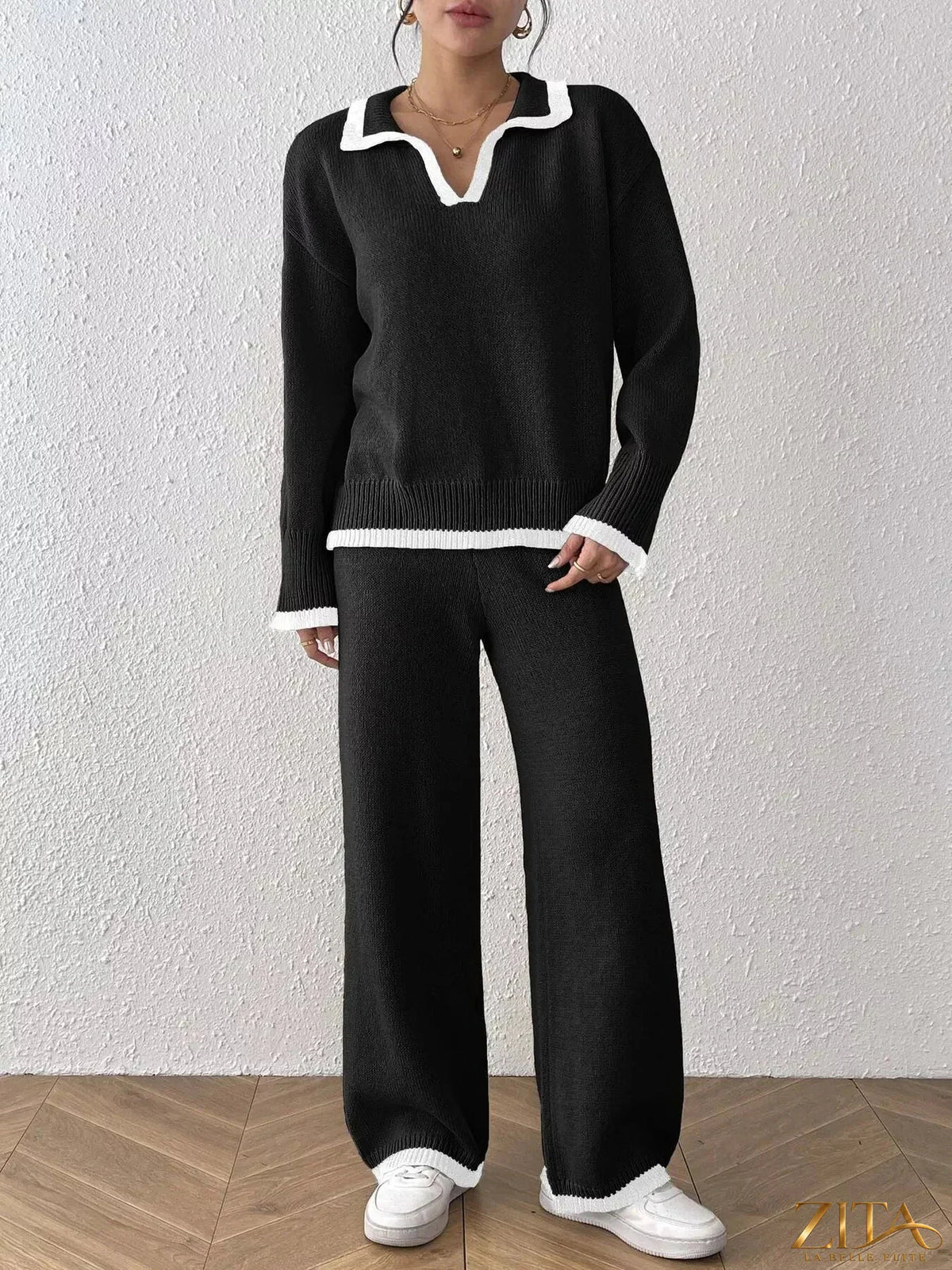 Zita La Belle Elite contrast trim polo collar top and pants sweater set, soft knit fabric with stylish color accents.
