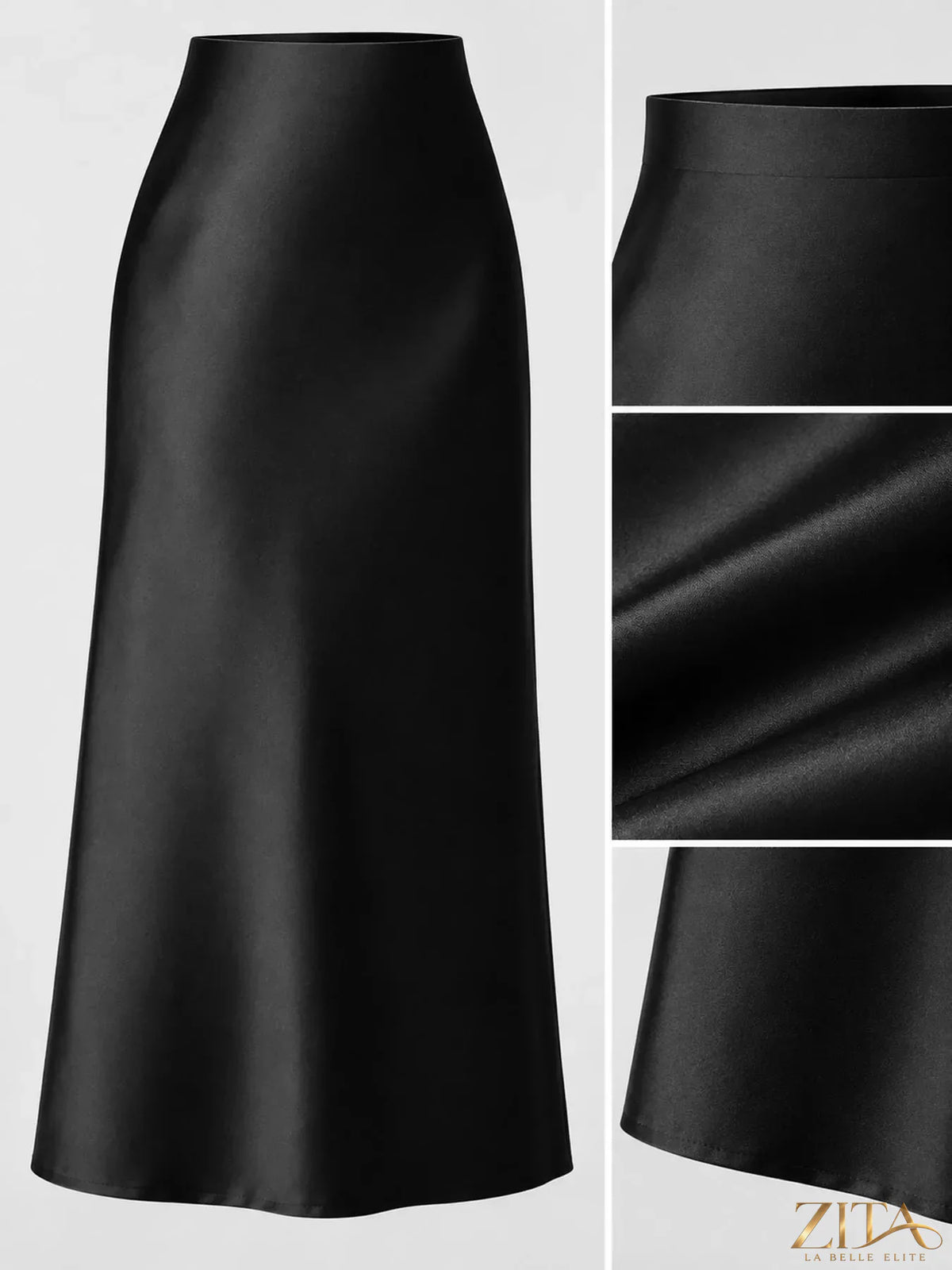 High-waisted satin midi skirt from Trendsi, featuring a smooth, shiny fabric and elegant length for a stylish look.
