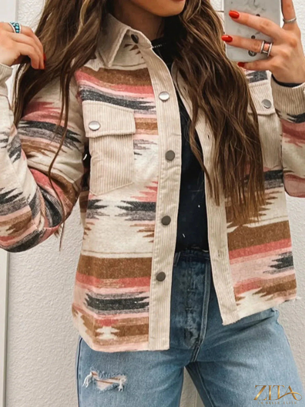 Zita La Belle Elite corduroy hem striped button-up jacket with front pockets and classic collar on a hanger.