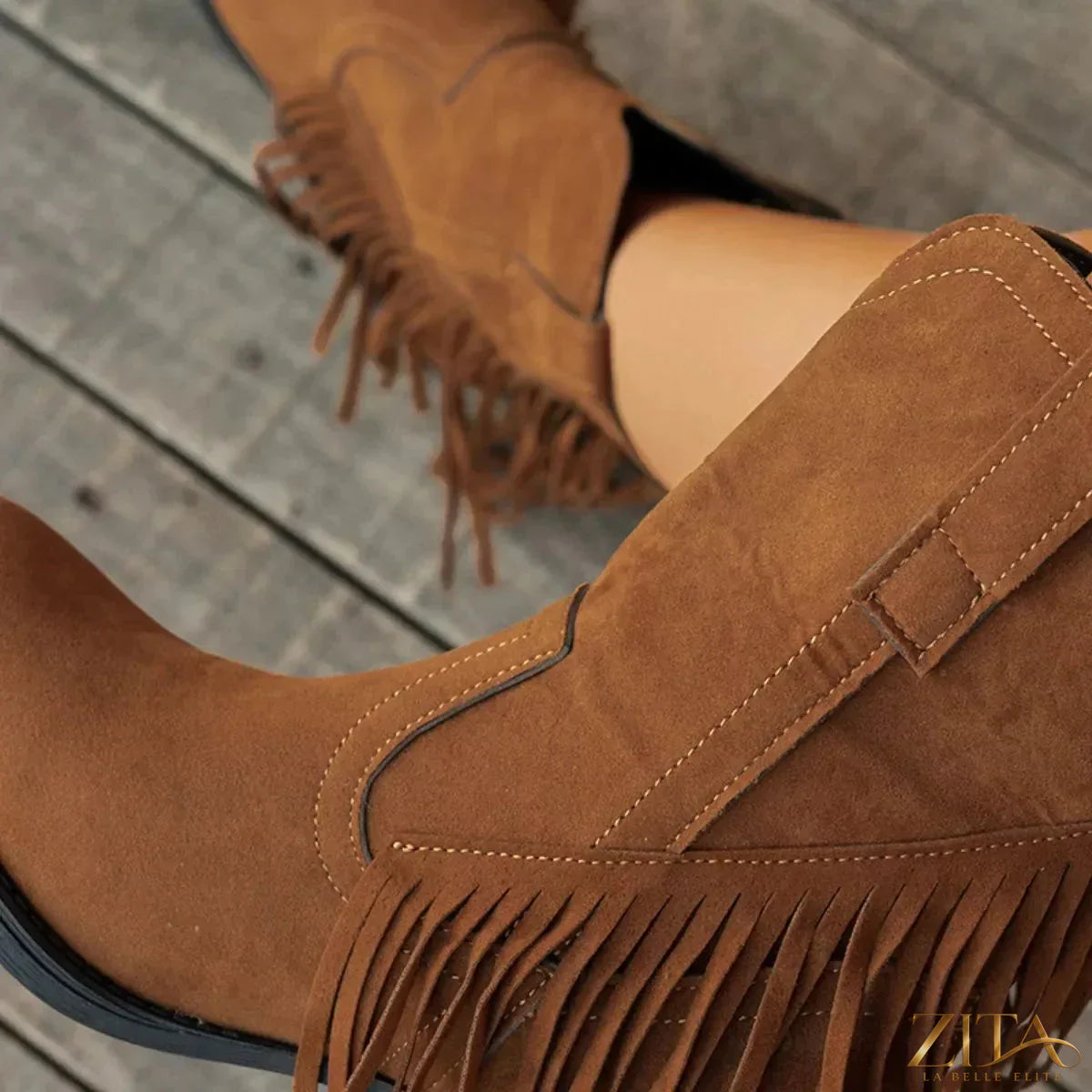 Zita La Belle Elite Fringe Block Heel Ankle Boots featuring tan leather, ankle-length design, and stylish fringe accents.