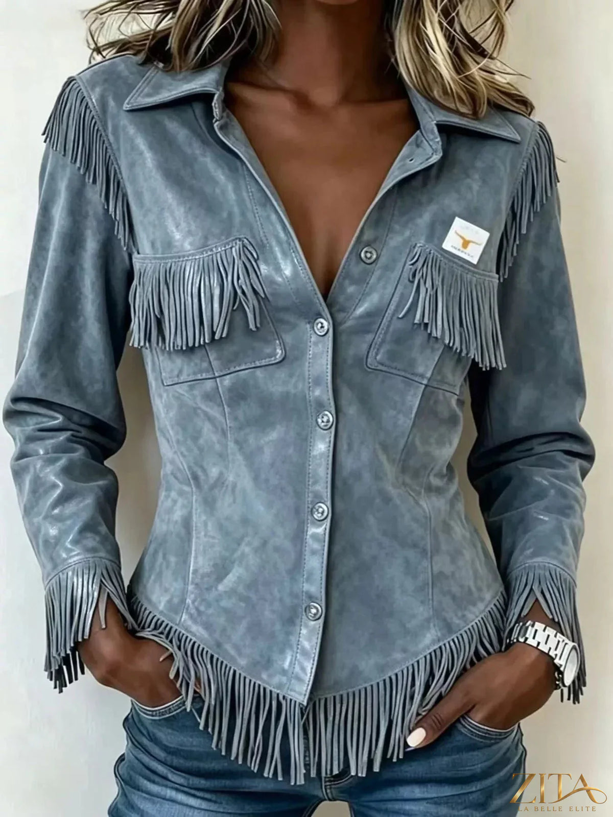 Plus size fringed snap down jacket by Trendsi, full-length design with fringe details and snap front closure, casual outerwear style.