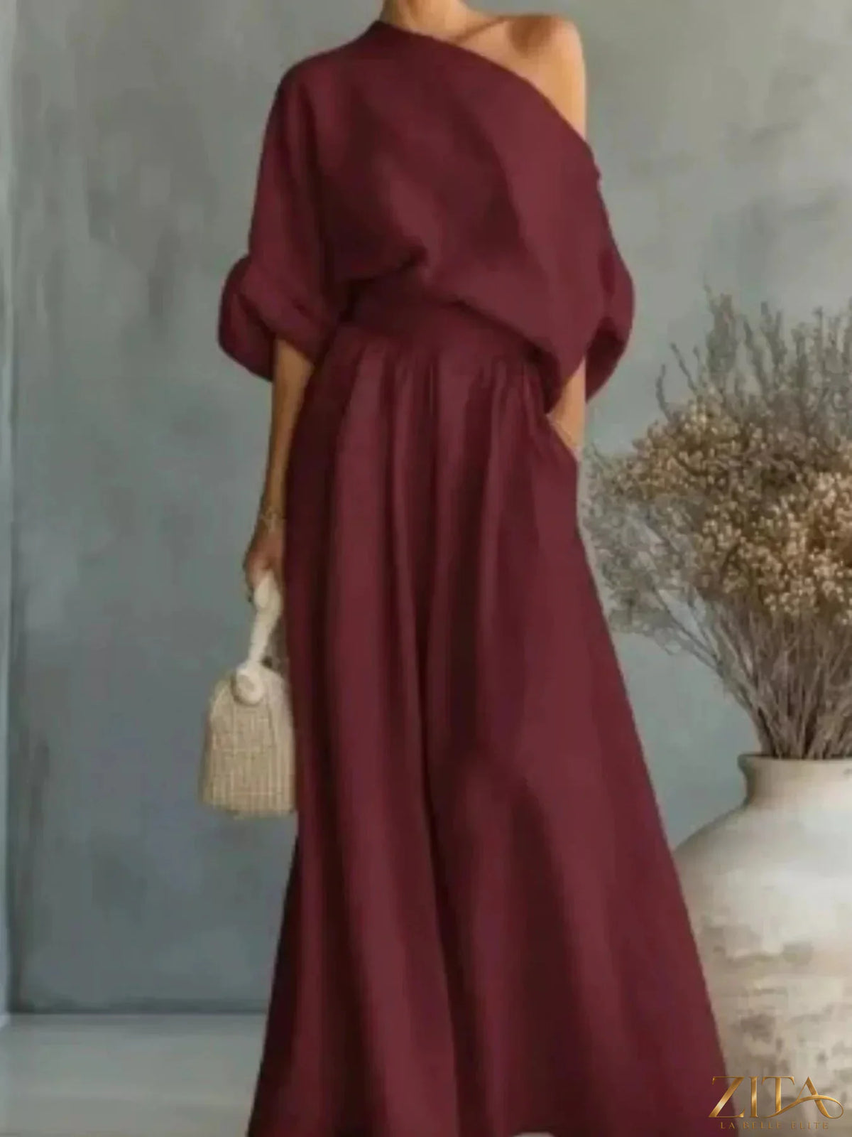 Plus size Zita La Belle Elite one shoulder top and wide-leg pants set, featuring a stylish, coordinated outfit in soft fabric.