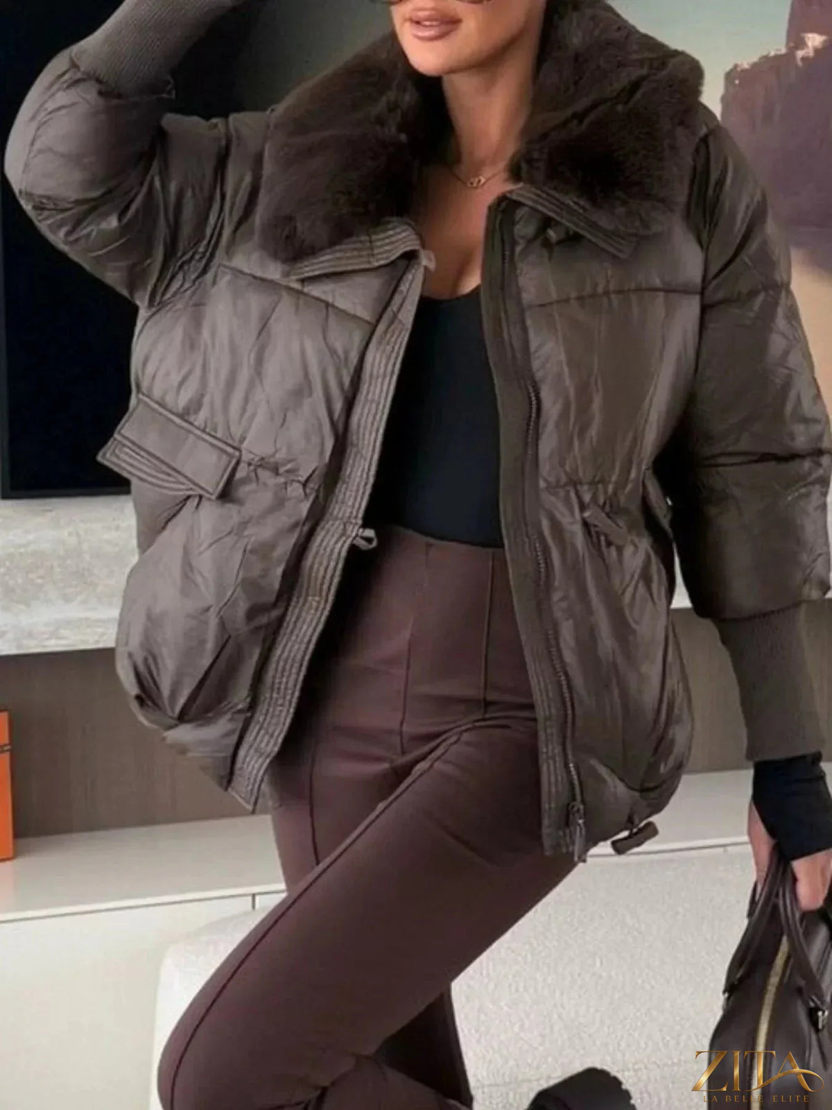 Zita La Belle Elite padded puffer jacket with fur collar, featuring a cozy, quilted design and plush fur trim around the collar.