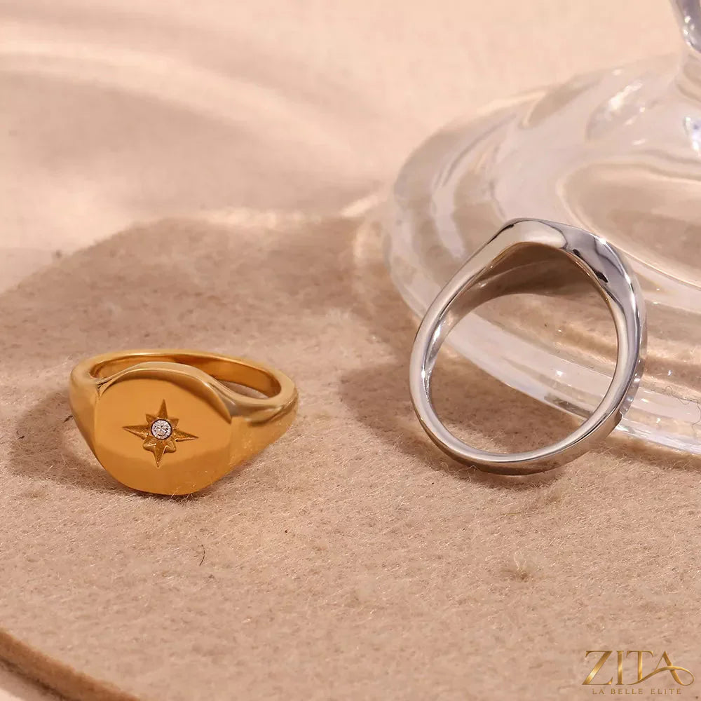 Minimalist North Star Signet Ring by Zita La Belle Elite featuring a sleek, simple design in silver with a star motif.
