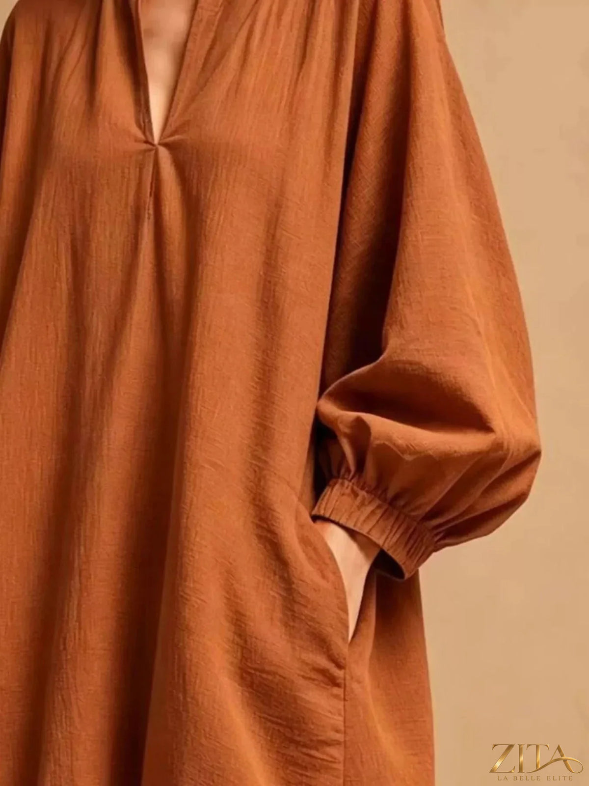 Zita La Belle Elite casual loose-fit mini dress with balloon sleeves and side pockets, stylish and comfortable for everyday wear.